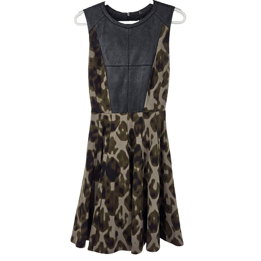 Karen Millen Camo Faux Leather Panel Skater Fit & Flare Dress Women’s Size 4